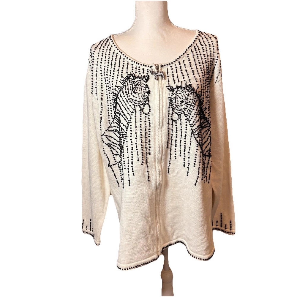 Storybook Knits Zebra Beaded Cardigan Sweater 2X‎ Ivory Black Zip Front